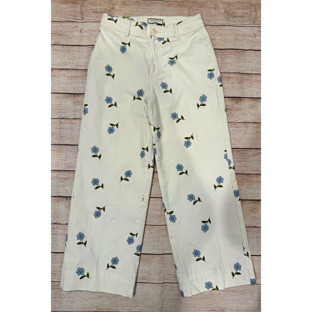 Bagatelle Womens 8 White/Blue/Green Floral Cotton Stretch Pants Pockets Zip